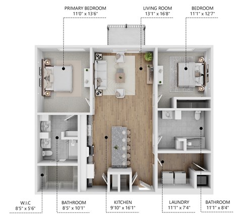Floor plan for 2 beds, 2 baths, 1130 sqft